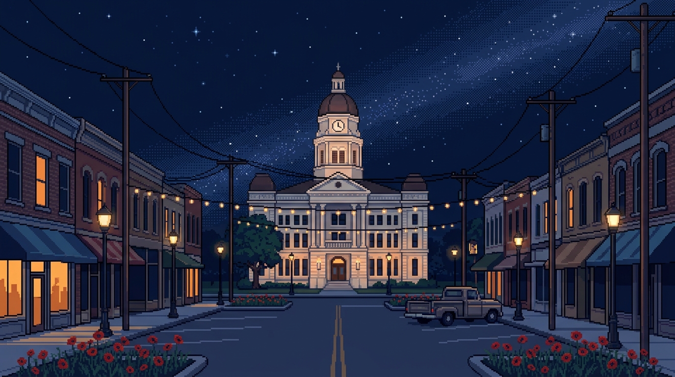 Pixel-art night scene of the Georgetown, Texas courthouse square